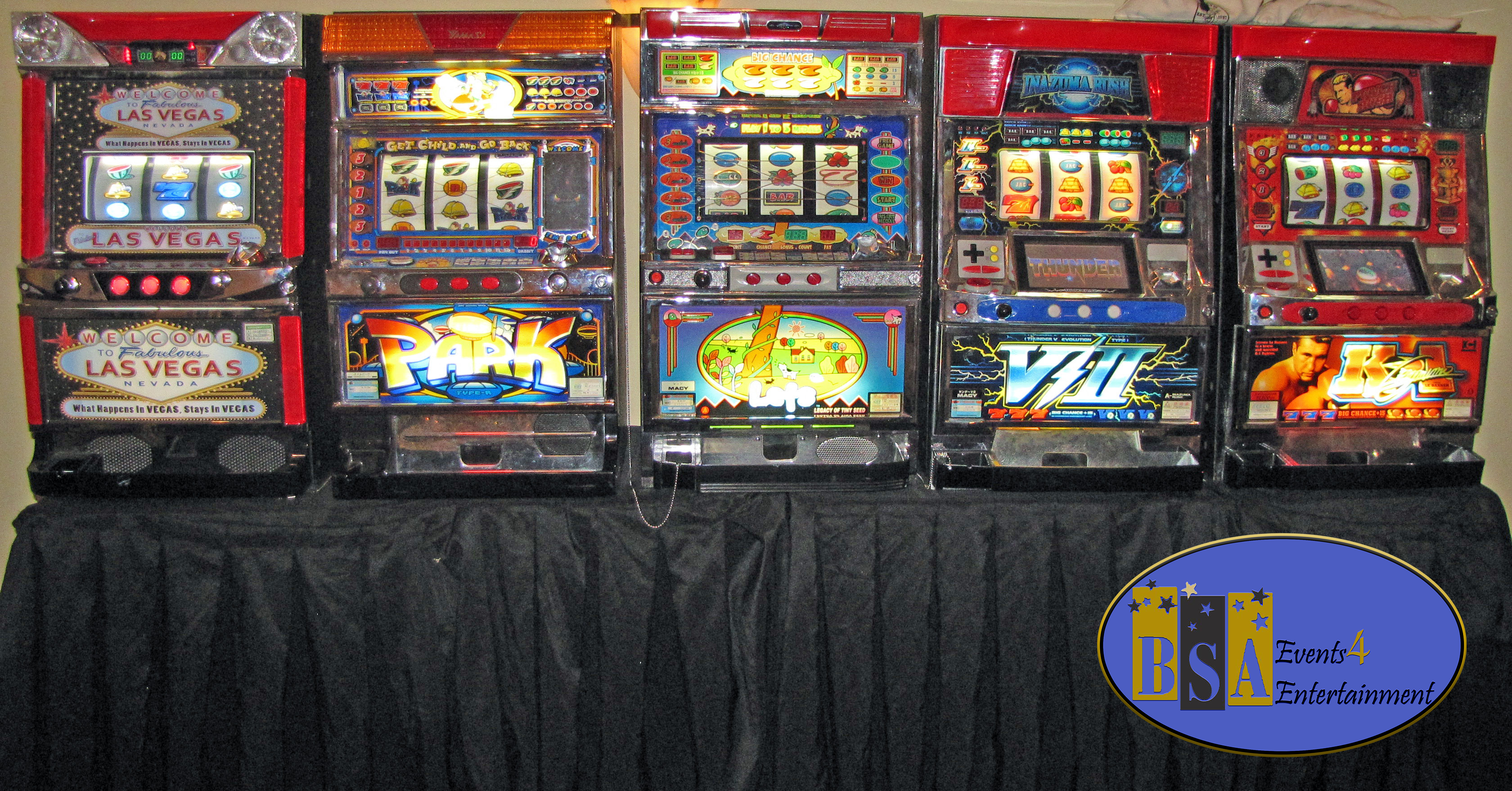 Bank of 5 Slot Machines rental photo — BSA Events